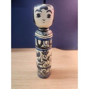 Vintage Kokeshi Japanese Wooden Doll Hand Painted Blue White Floral Signed‎ 7.5"